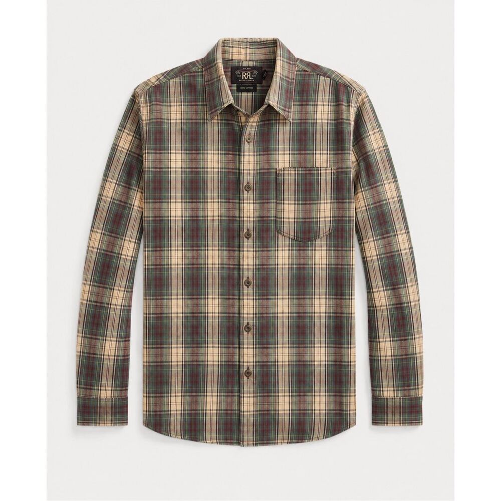 RRL Double RL Plaid Cotton Button Down Shirt | Vintage Wash Cream Green Burgundy